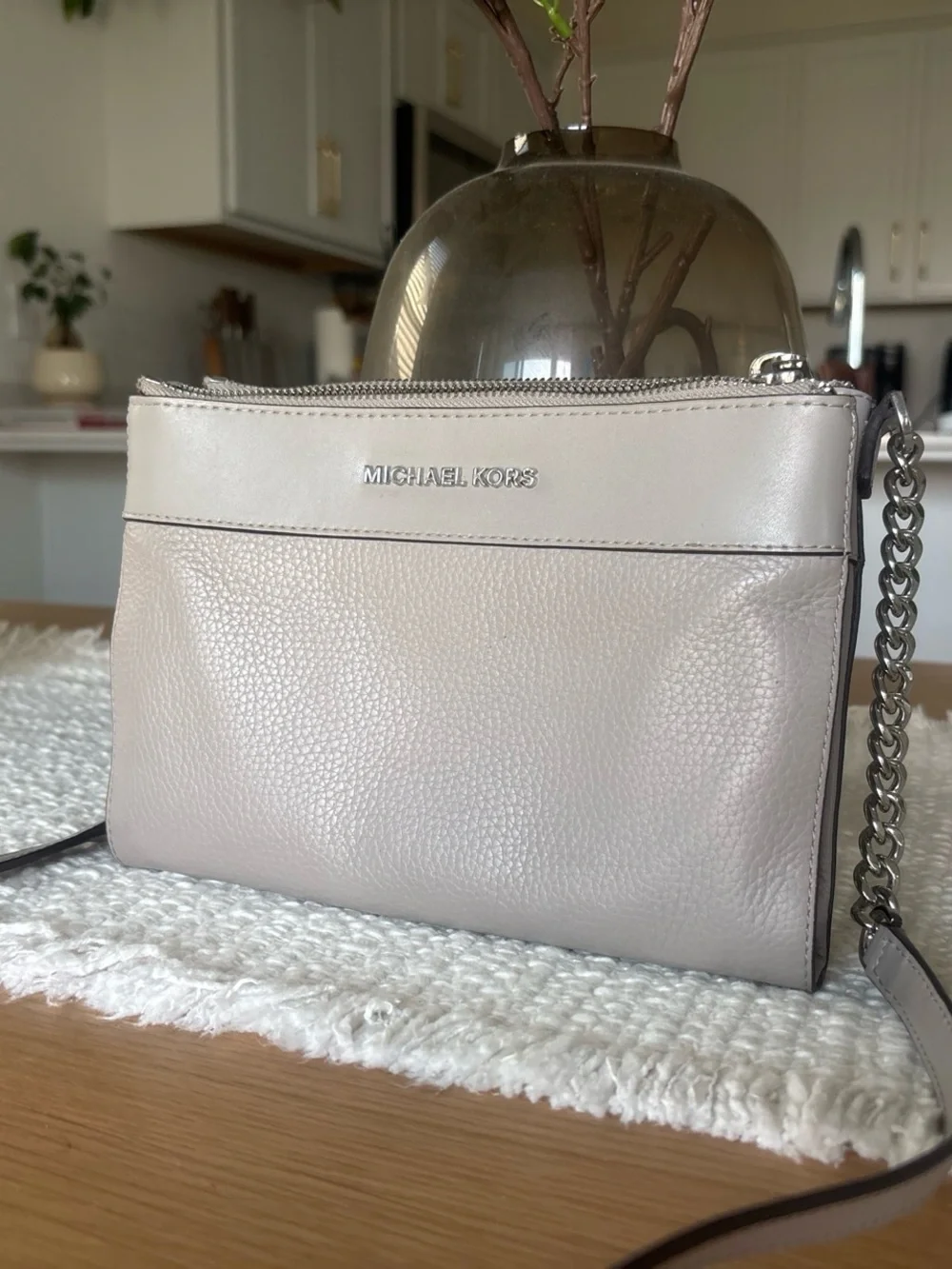 Michael Kors Pale Taupe Pebbled Leather Crossbody with Chain Strap